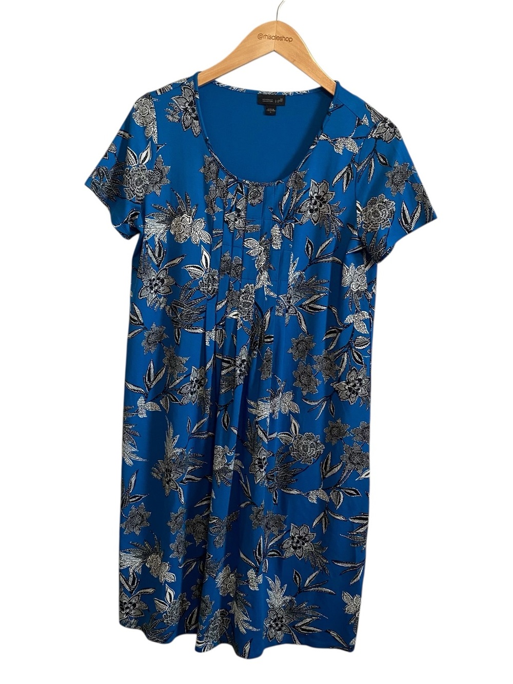 J.Jill Wearever Collection Blue Floral Pleated Short Sleeve T Shirt Dress Size S